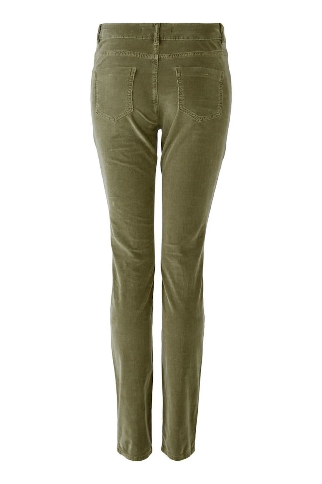Jeans Baxter en velours, coupe skinny, couleur olive avec poches arrière, élégant et confortable.