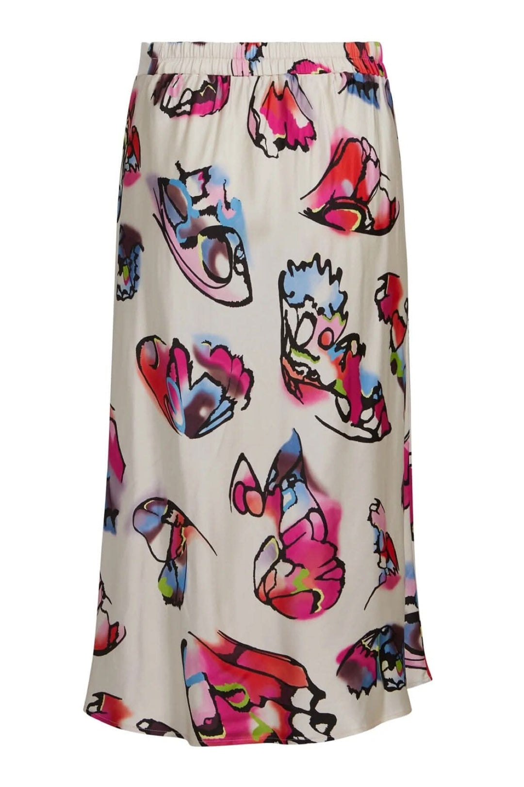 Jupe avec imprimé papillon coloré sur fond ivoire, élastique à la taille, offrant confort et style.