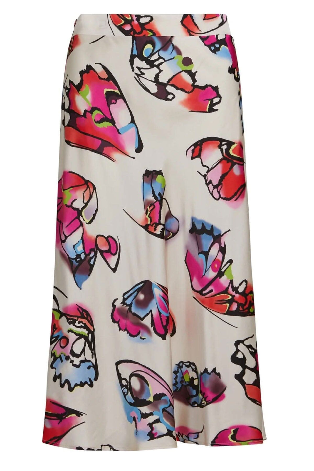 Jupe légère imprimée papillon avec des couleurs vives sur fond ivoire, style confortable et élégant.