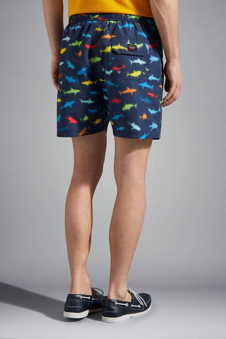 Short de bain Paul and Shark avec imprimé requins colorés, coupe régulière et poches.