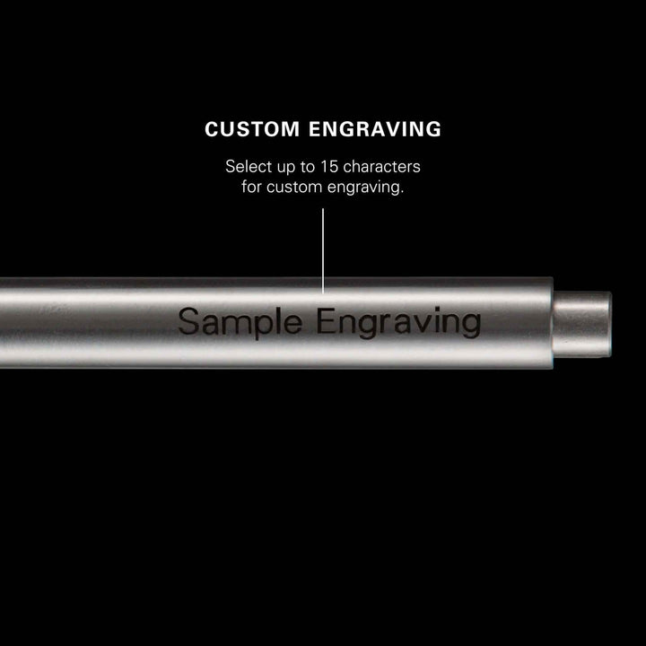 Stylish silver pen featuring custom engraving option for personalized messages up to 15 characters.