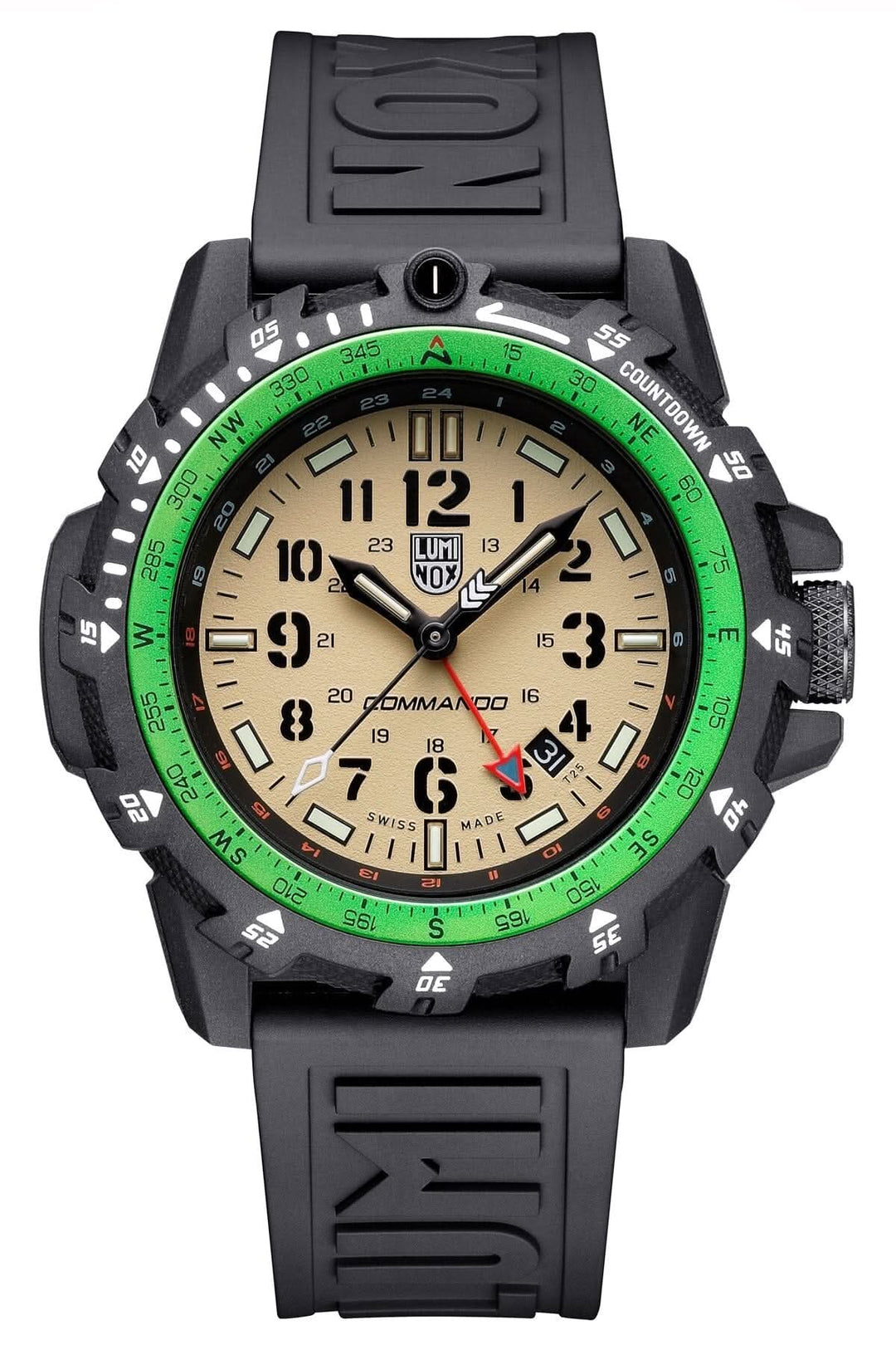 Montre Commando Raider 3321 de Luminox avec cadran beige, bracelet noir et lunette verte, idéale pour la plongée.