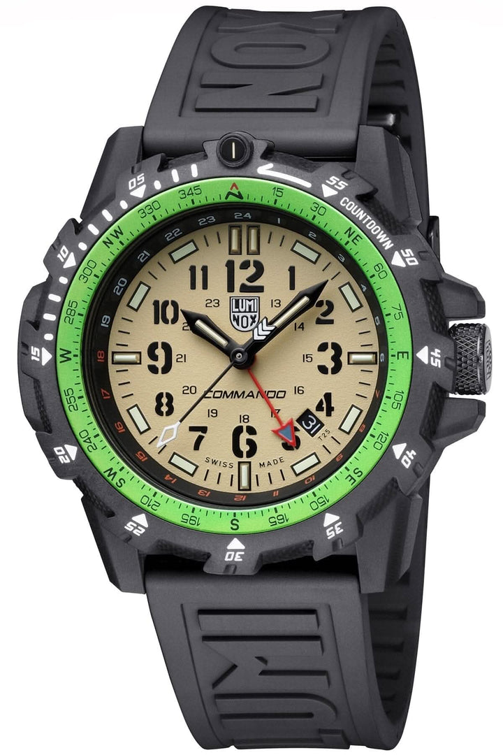 Montre Commando Raider 3321 Luminox, montre de plongée, suisse, boîtier noir, cadran sable et vert.