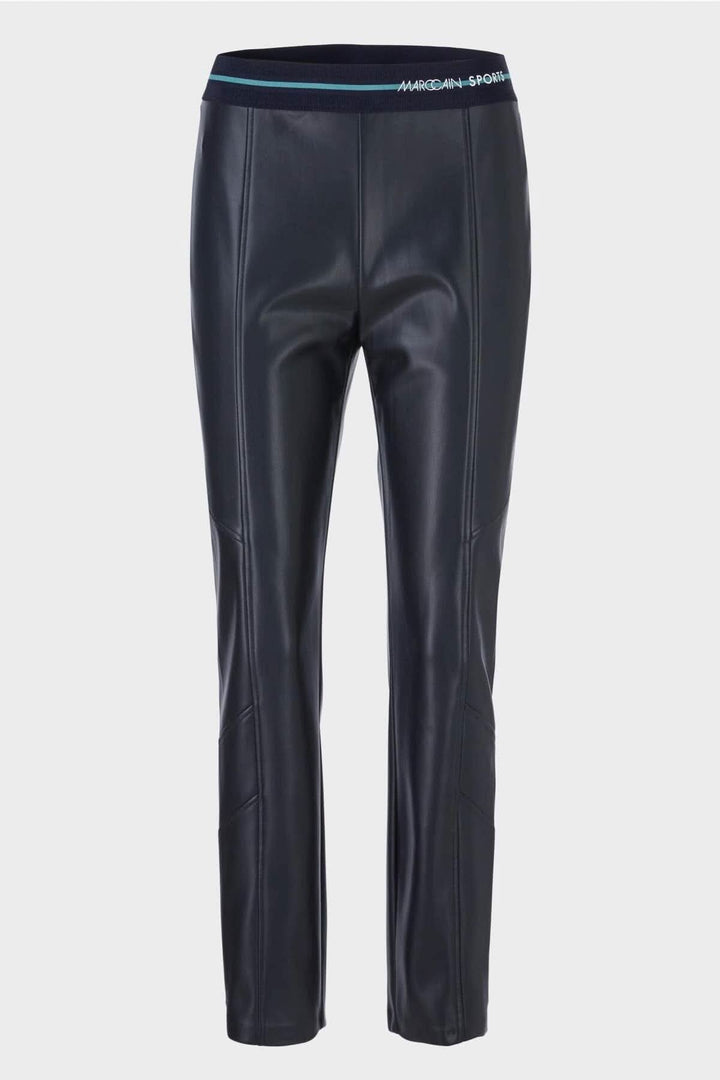 Pantalon en cuir SOFIA noir, coupe étroite, ceinture élastiquée, finitions avec coutures décoratives.