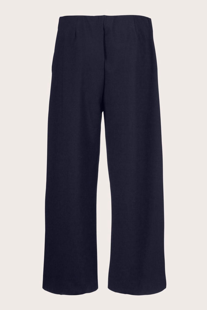 Pantalon en jersey Piri, élégant et confortable avec taille élastique et plis, couleur bleu foncé.