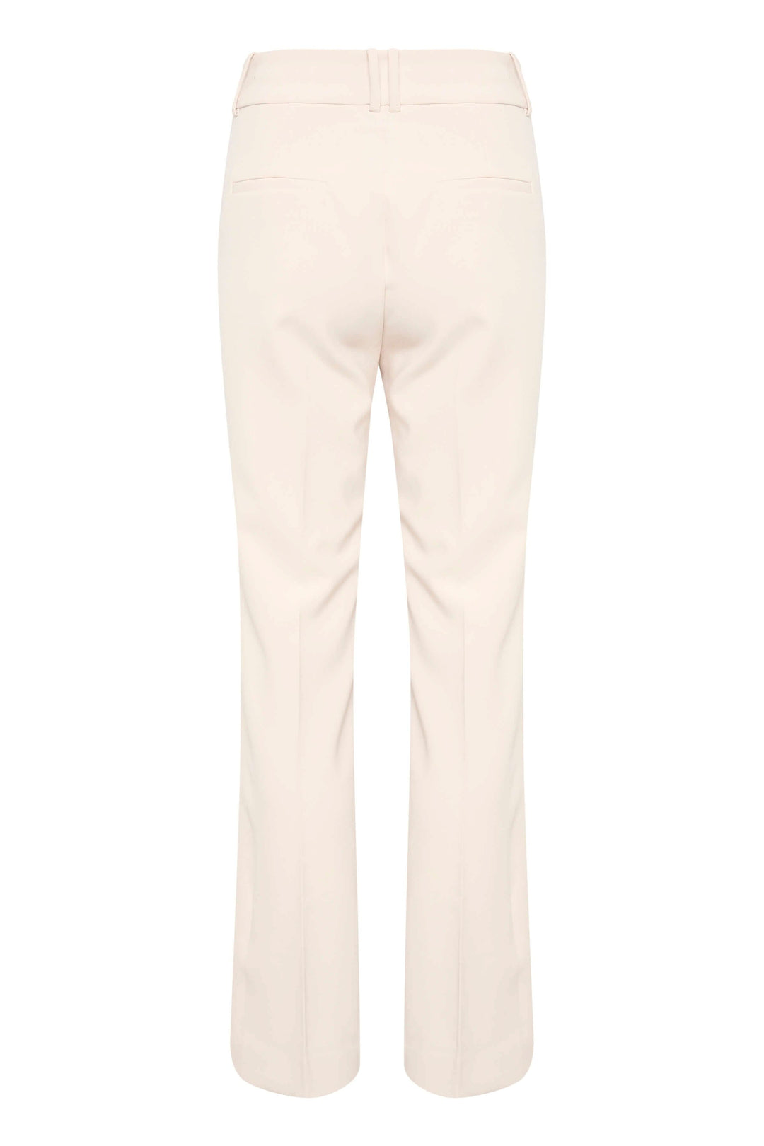 Pantalon Ibbie beige, vue arrière, jambe droite avec poches passepoilées et pli avant.