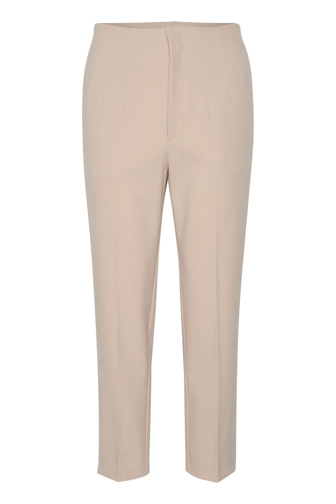 Pantalon Kayden beige en tricot, fermeture éclair, longueur 7/8ième, avec poches et couture avant.