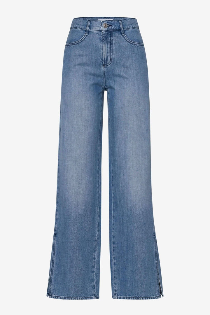 Jean large Maine en denim bleu avec poches, jambes évasées et fentes d&
