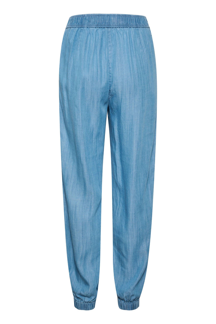 Pantalon Vilma en lyocell, coupe décontractée, vue arrière, élastique aux chevilles, couleur bleu.