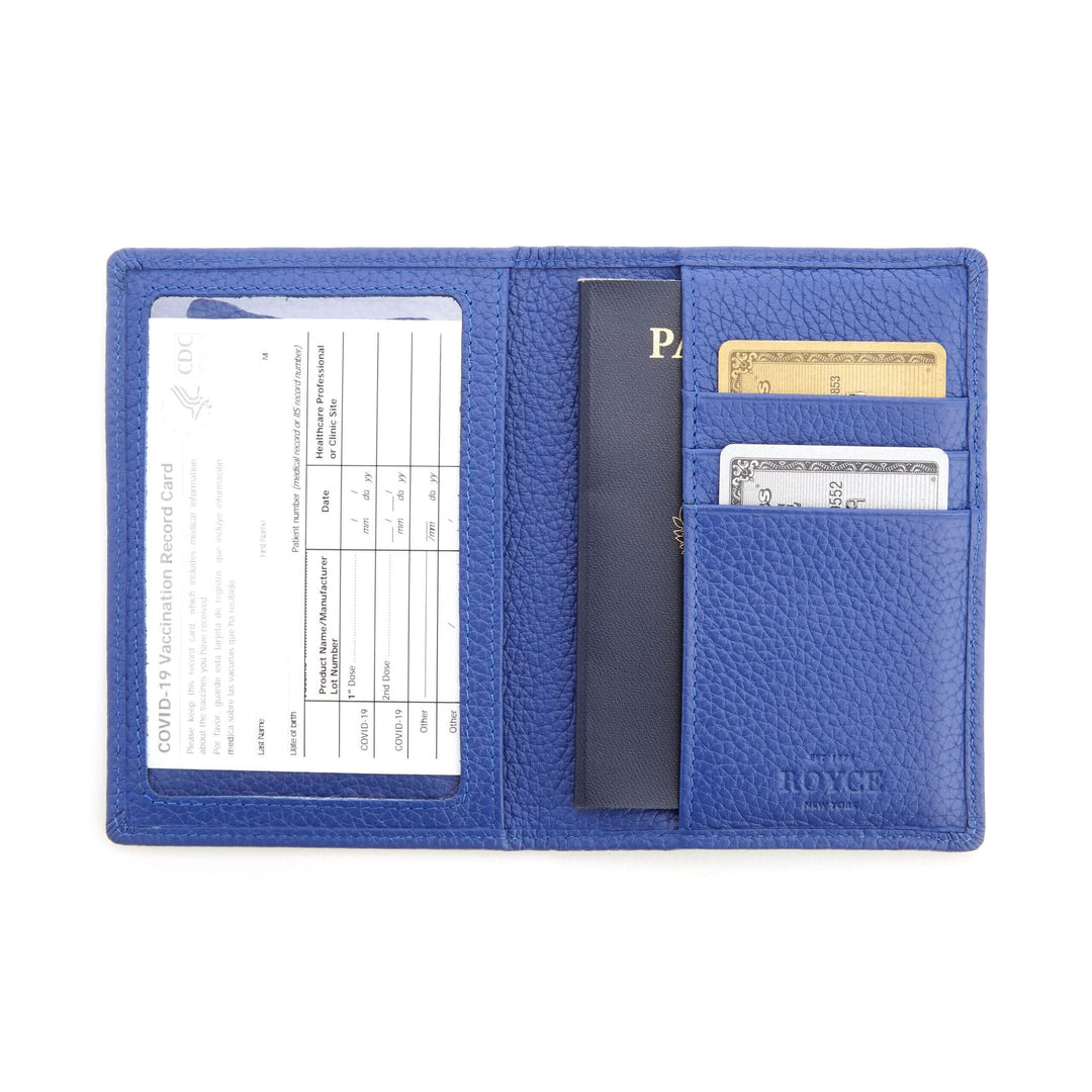Porte-passeport bleu avec pochette pour carte de vaccination et fentes pour cartes de crédit
