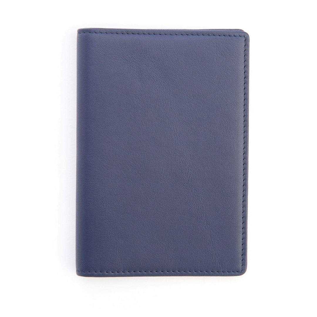 Navy blue RFID blocking wallet designed for securely holding vaccine cards and identification documents.