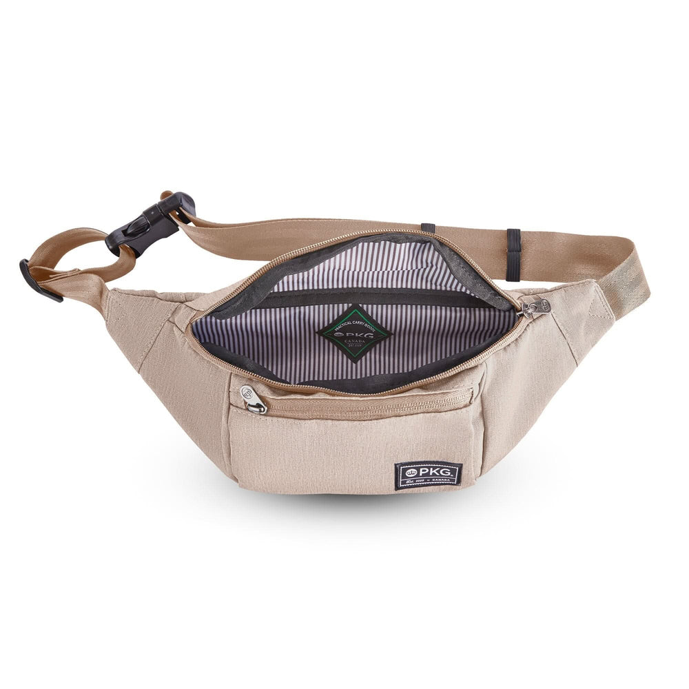Intérieur du sac à bandoulière recyclé PKG Bremner, tissu beige avec poche zippée et doublure rayée.