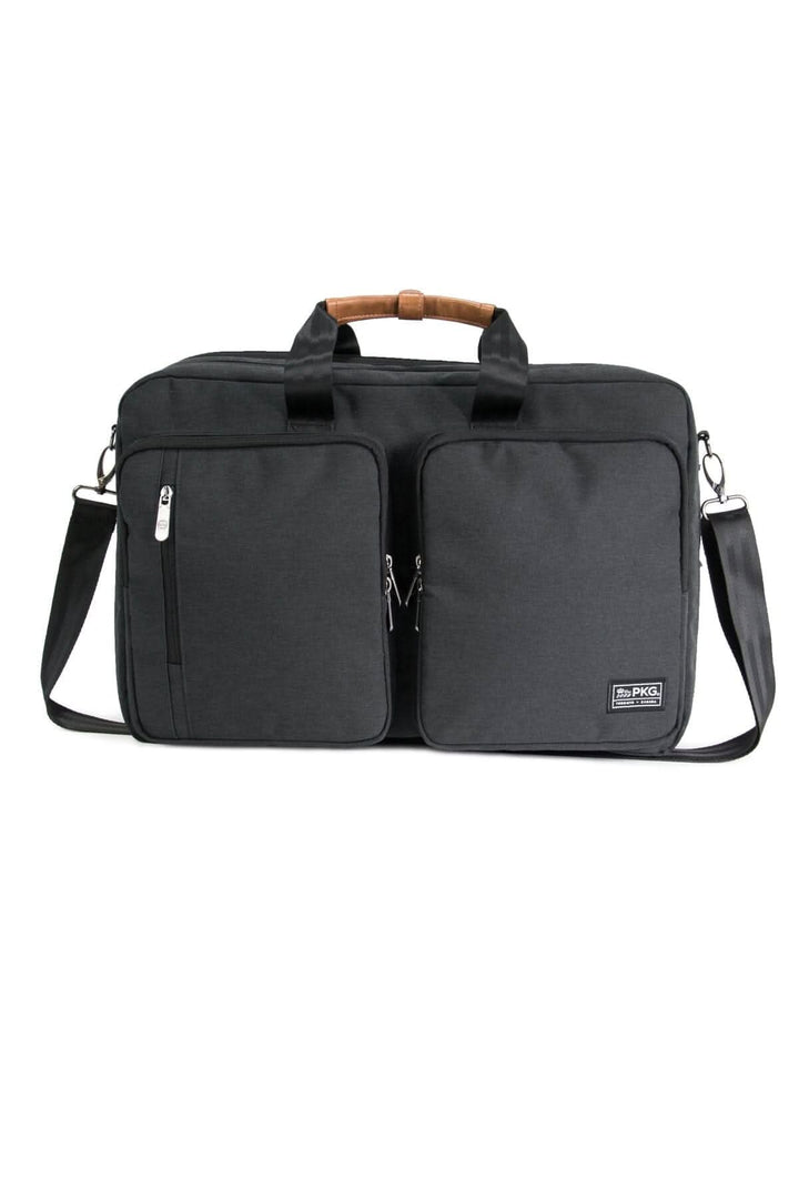 Sac à dos messager noir avec poches zippées et poignées en bois, idéal pour un usage quotidien.