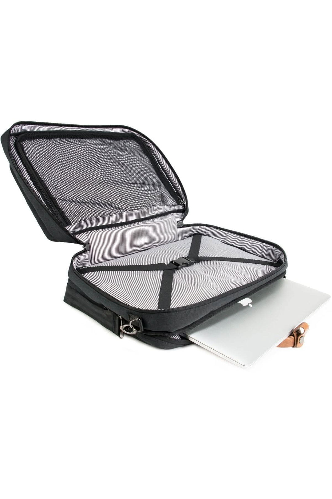 Sac à dos messager recyclé 31L ouvert, montrant compartiment pour ordinateur portable et espace de rangement.