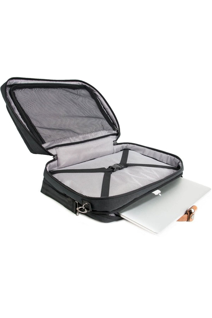 Sac à dos messager recyclé 31L ouvert, montrant compartiment pour ordinateur portable et espace de rangement.