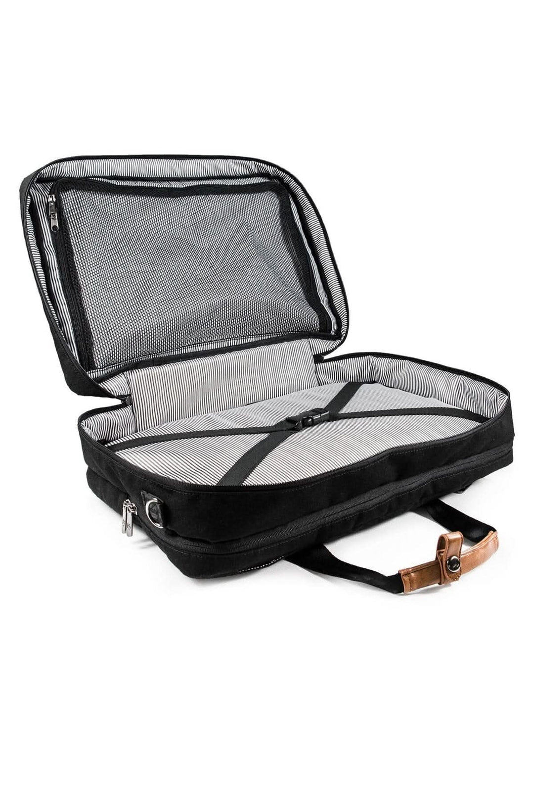 Sac à dos messager recyclé 31L ouvert, montrant un compartiment à vêtements et une doublure en polyester.