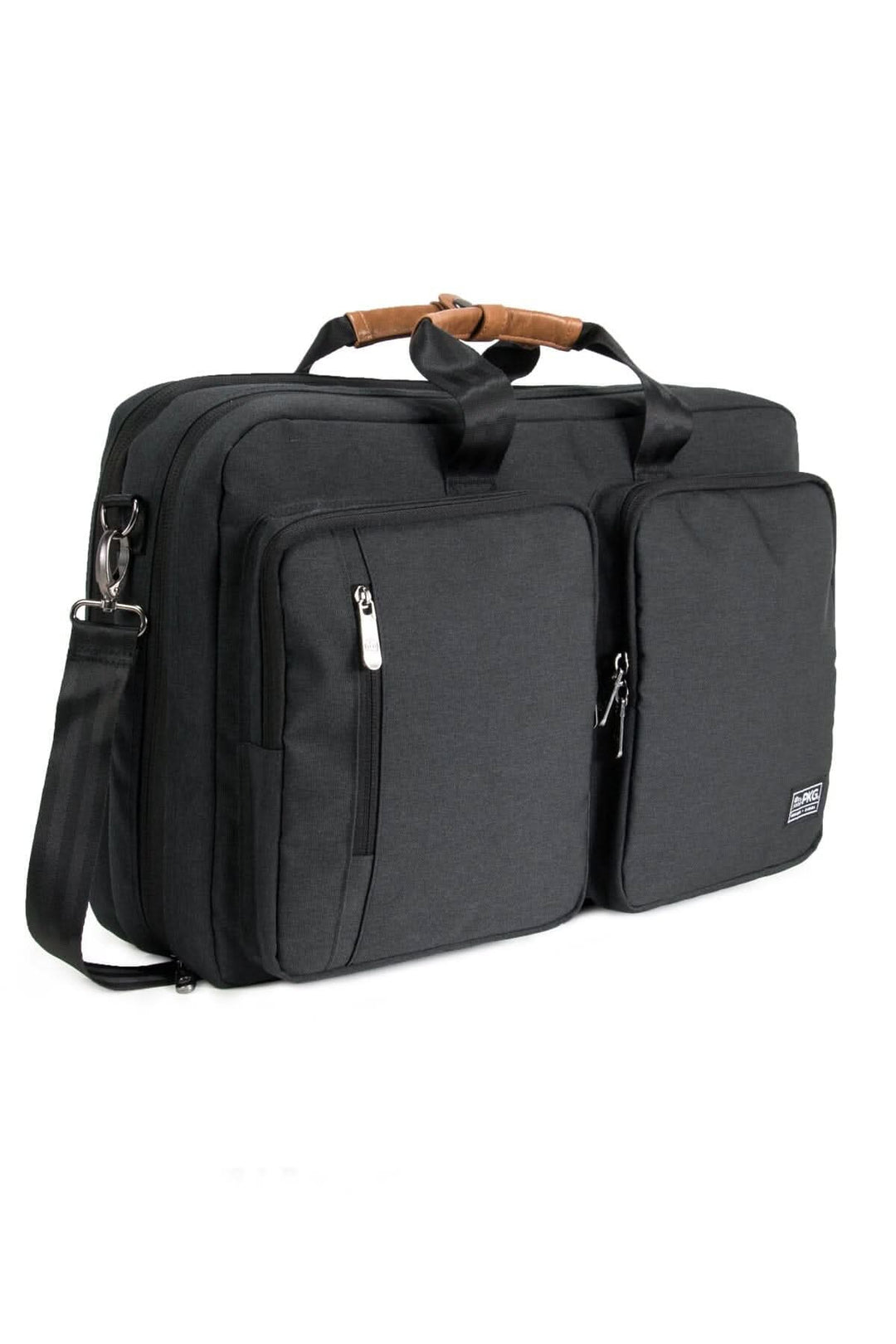 Sac à dos messager noir avec poches zippées, bandoulière et poignées en cuir, conçu pour le transport d'équipement.