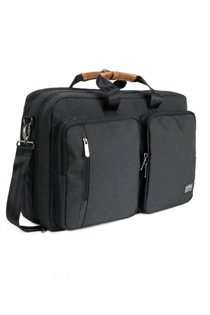 Sac à dos messager noir avec poches zippées, bandoulière et poignées en cuir, conçu pour le transport d'équipement.