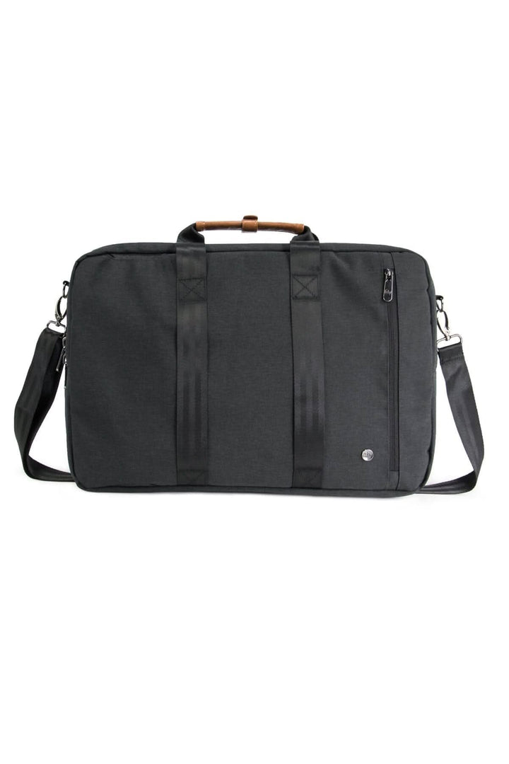 Sac à dos messager noir avec poignées en bois et bandoulière ajustable.