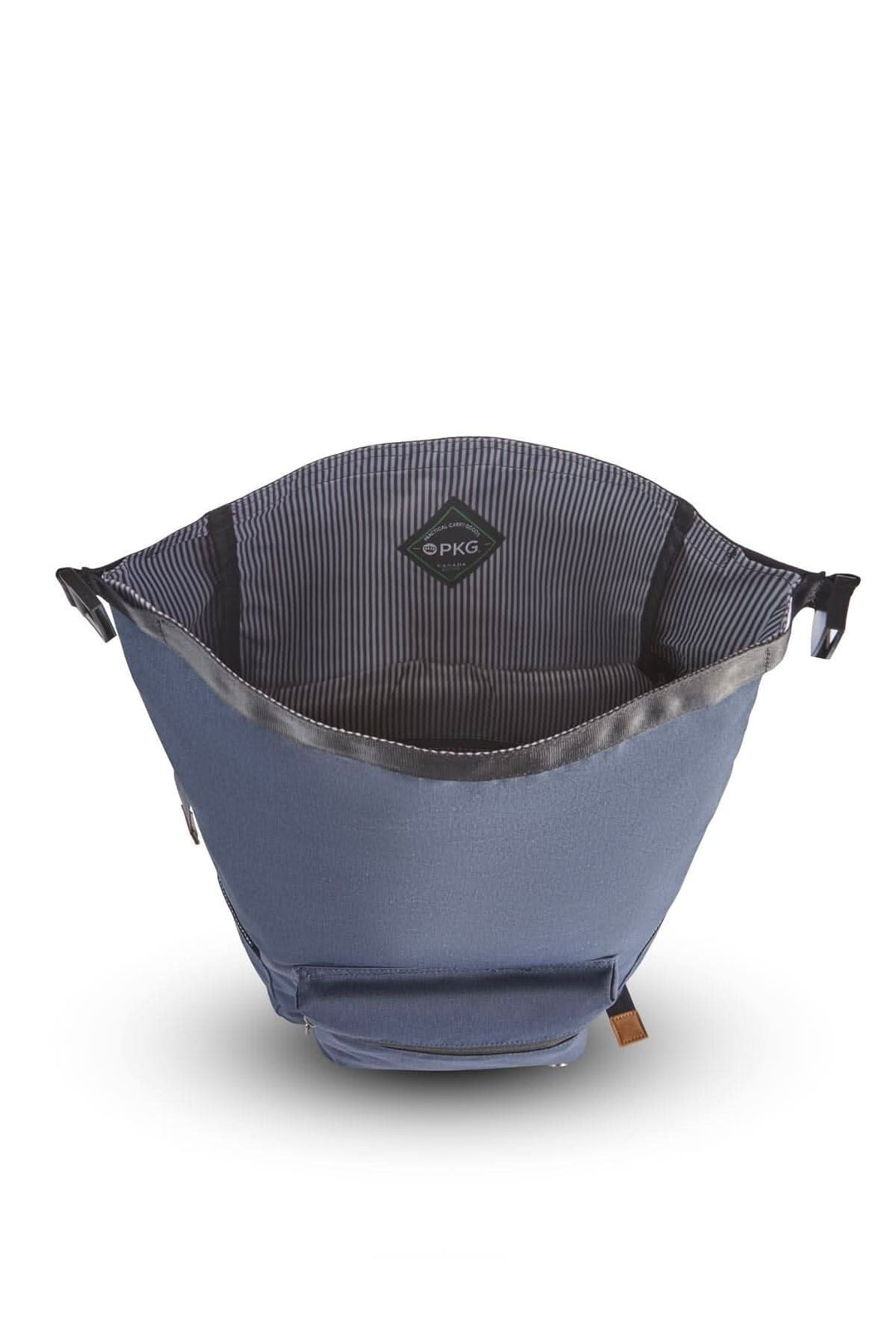 Sac à dos recyclé PKG Dawson 28L avec intérieur rayé, conçu pour le bureau et le week-end.