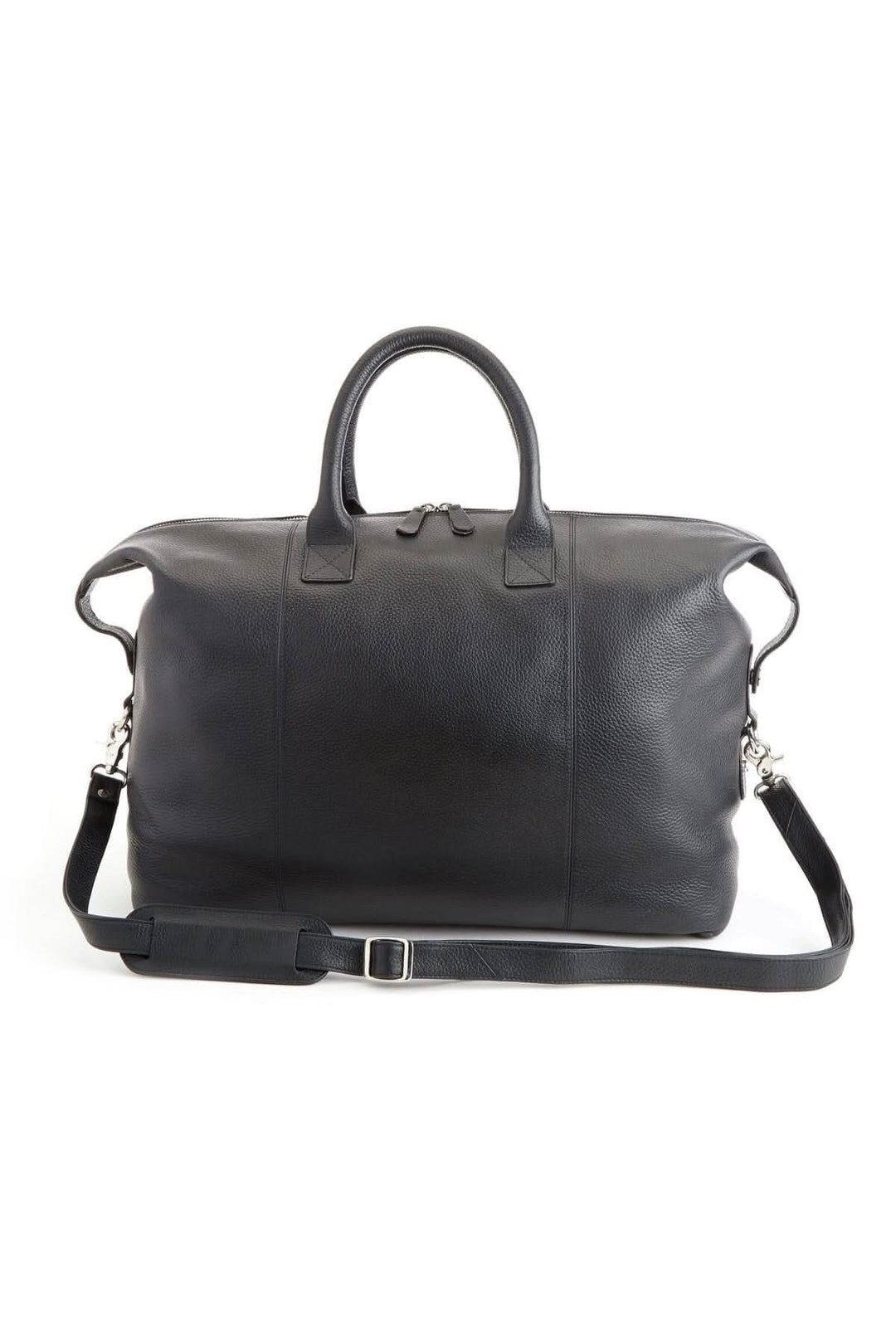 Sac de sport moyen en cuir noir, design élégant avec poignée et bandoulière ajustable.