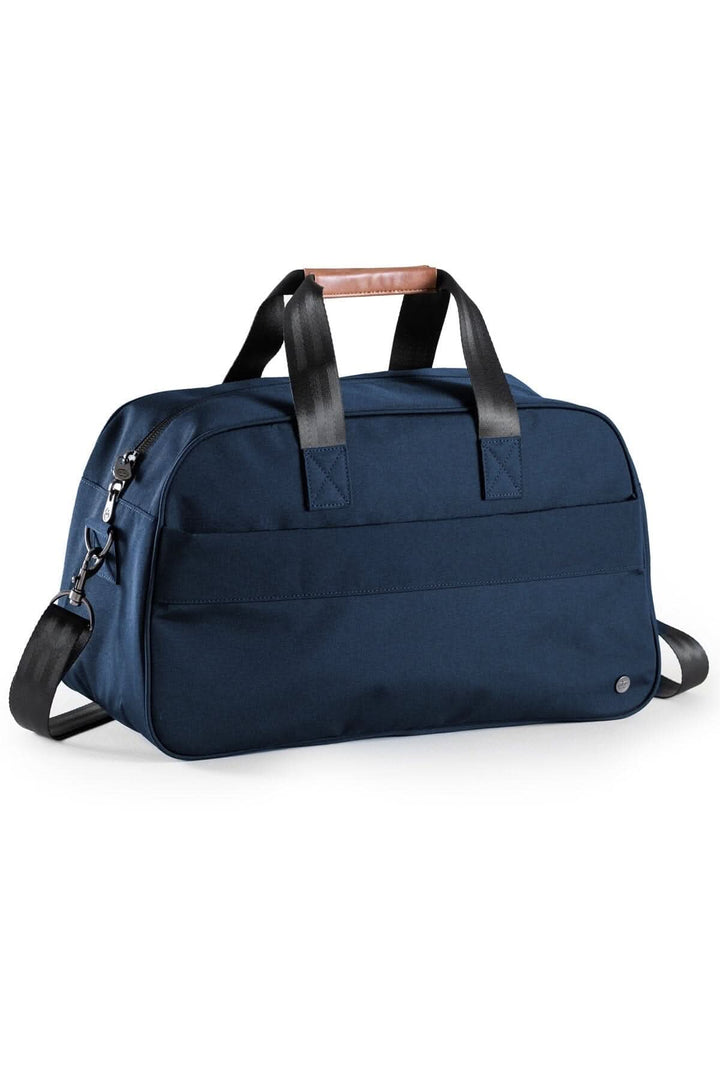 Sac de sport recyclé 26L Westmount en polyester bleu, avec poignées en cuir végétalien.