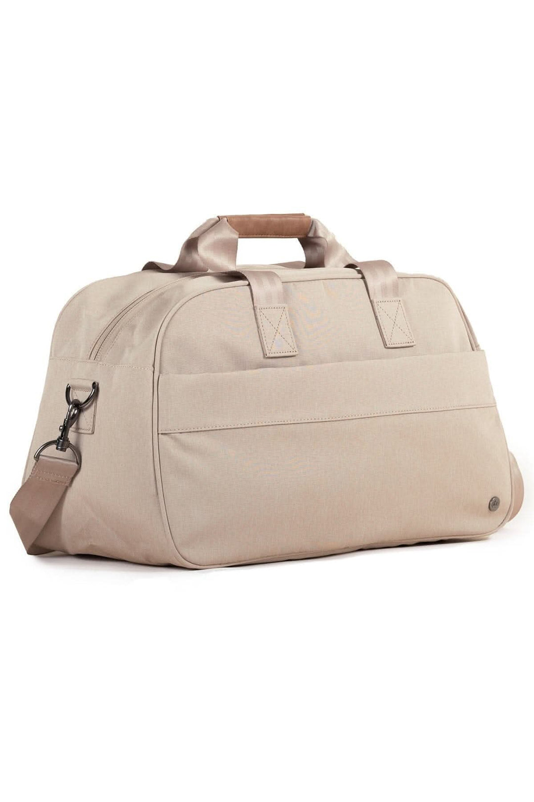 Sac de sport recyclé 26L Westmount en tissu beige avec sangle rembourrée et accents en cuir végétalien.