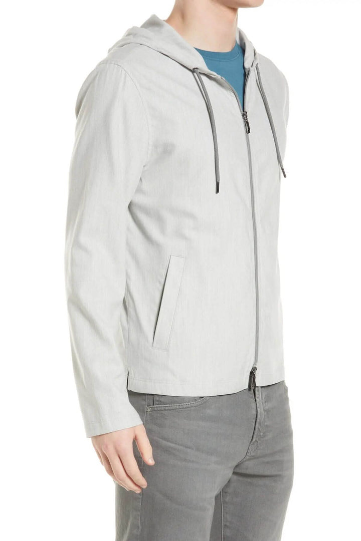 Veste en tissu technique avec capuche et cordon de serrage, coupe régulière, couleur gris clair.