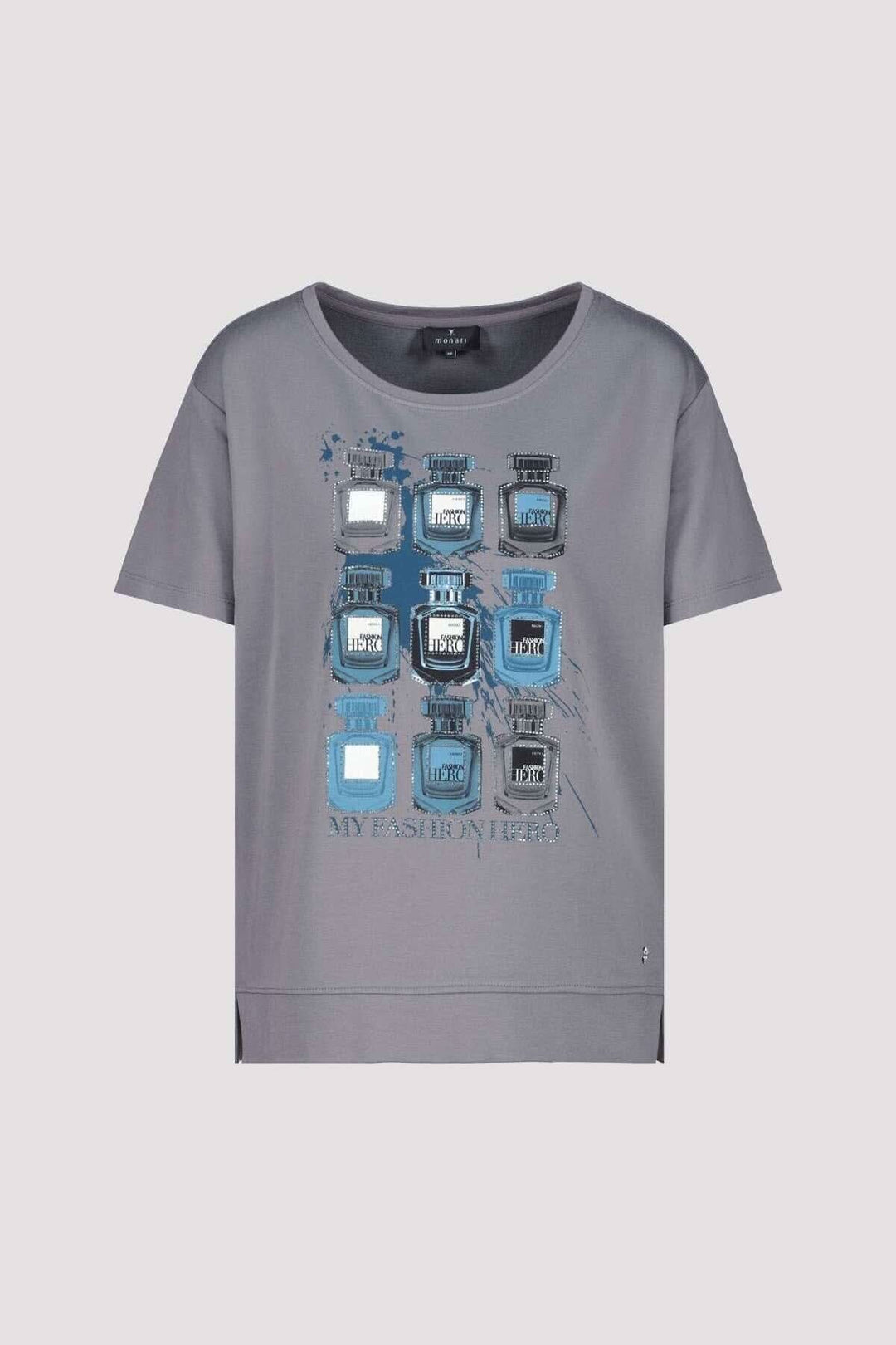 T-shirt avec imprimé bouteille et strass, coupe régulière, col rond, manches courtes, coloris gris.