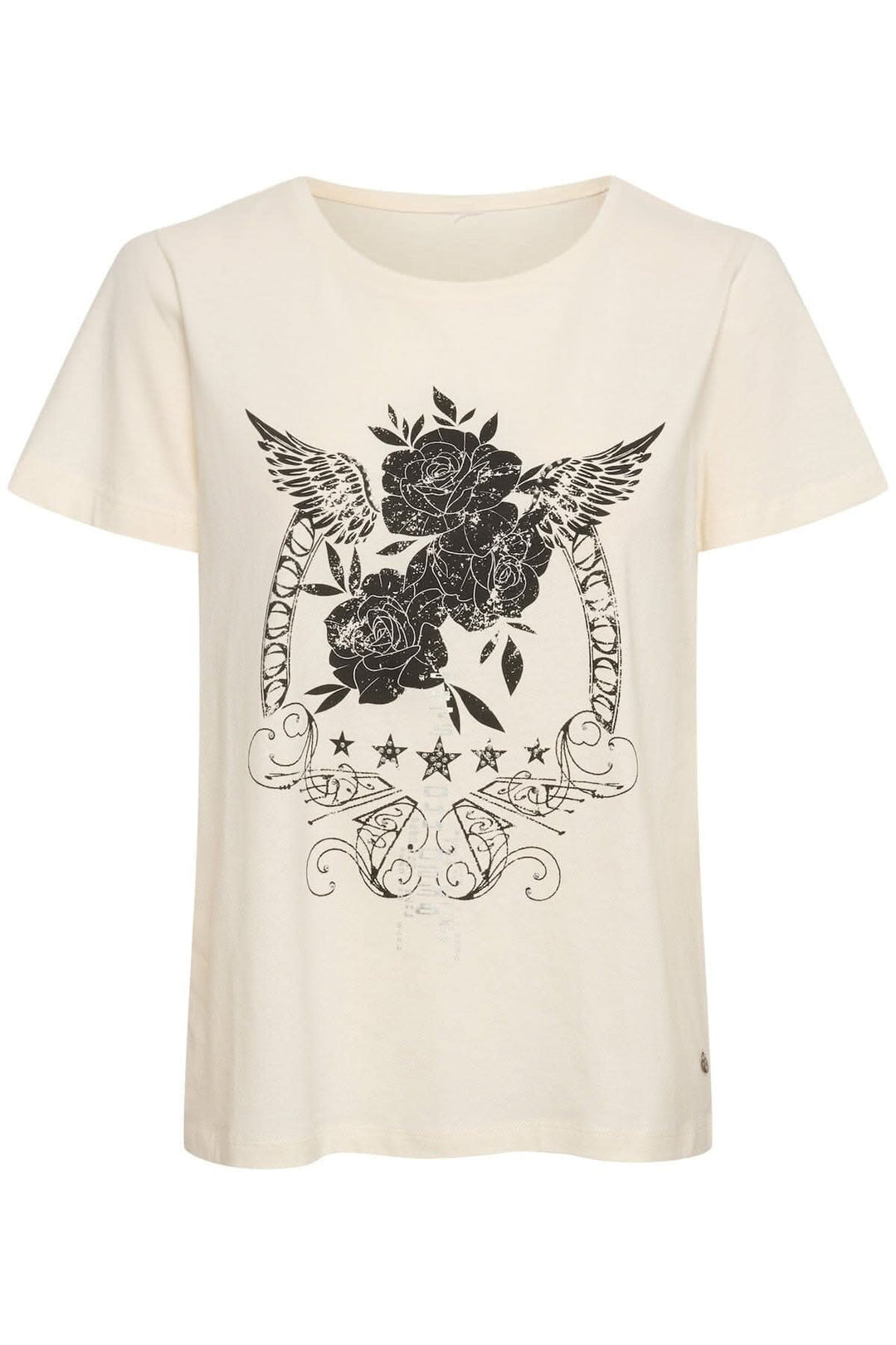 T-shirt Rinne crème avec imprimé floral noir et ailes, coupe régulière et encolure ronde.