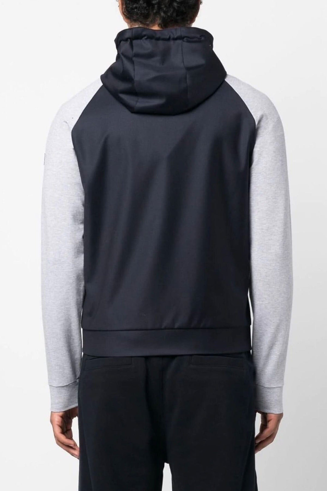 Veste à capuche bleue marine avec manches grises, vue arrière, idéale pour le confort et le style.