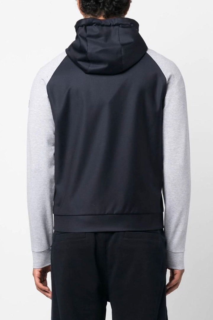 Veste à capuche bleue marine avec manches grises, vue arrière, idéale pour le confort et le style.