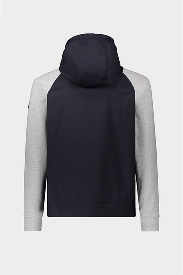 Vue arrière de la veste à capuche bleu marine et manches grises, avec cordon de serrage et logo.
