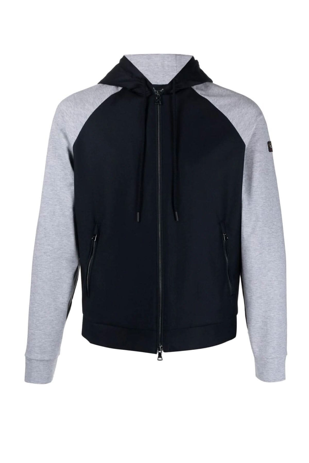 Veste à capuche navy grise avec logo, fermeture à glissière, manches longues et poches zippées.