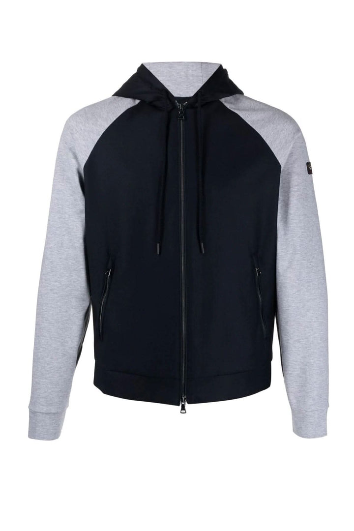 Veste à capuche navy grise avec logo, fermeture à glissière, manches longues et poches zippées.