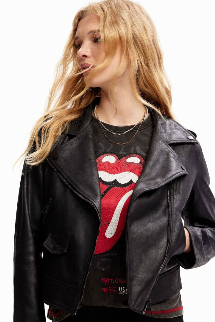Veste biker ajustée en cuir, style décontracté avec logo Rolling Stones, parfaite pour un look tendance.